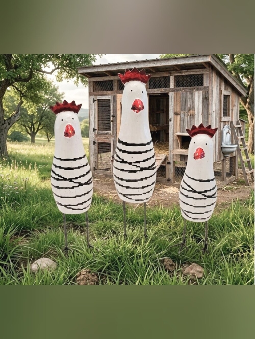 Decorative Set White Black Striped Chickens (3)